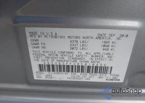 2011 Mitsubishi Galant Fe from USA, damaged, VIN 4A32B2FF2BE010896